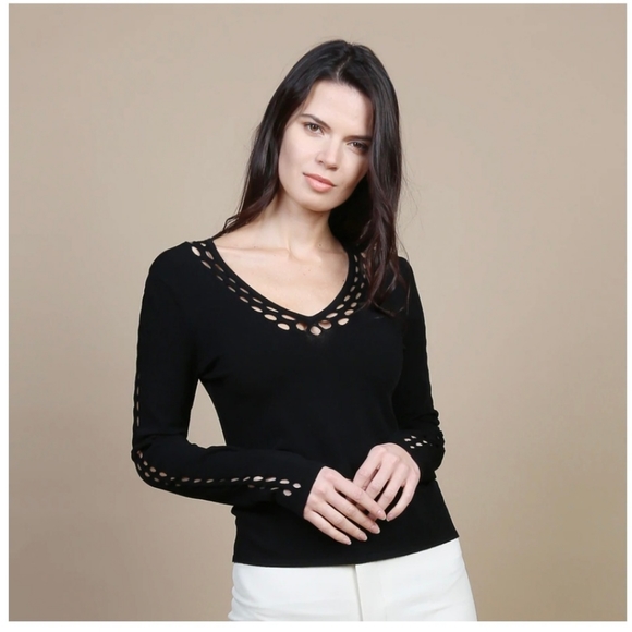 Autumn Cashmere Open Pointelle V & Sleeves in Black - Picture 2 of 3